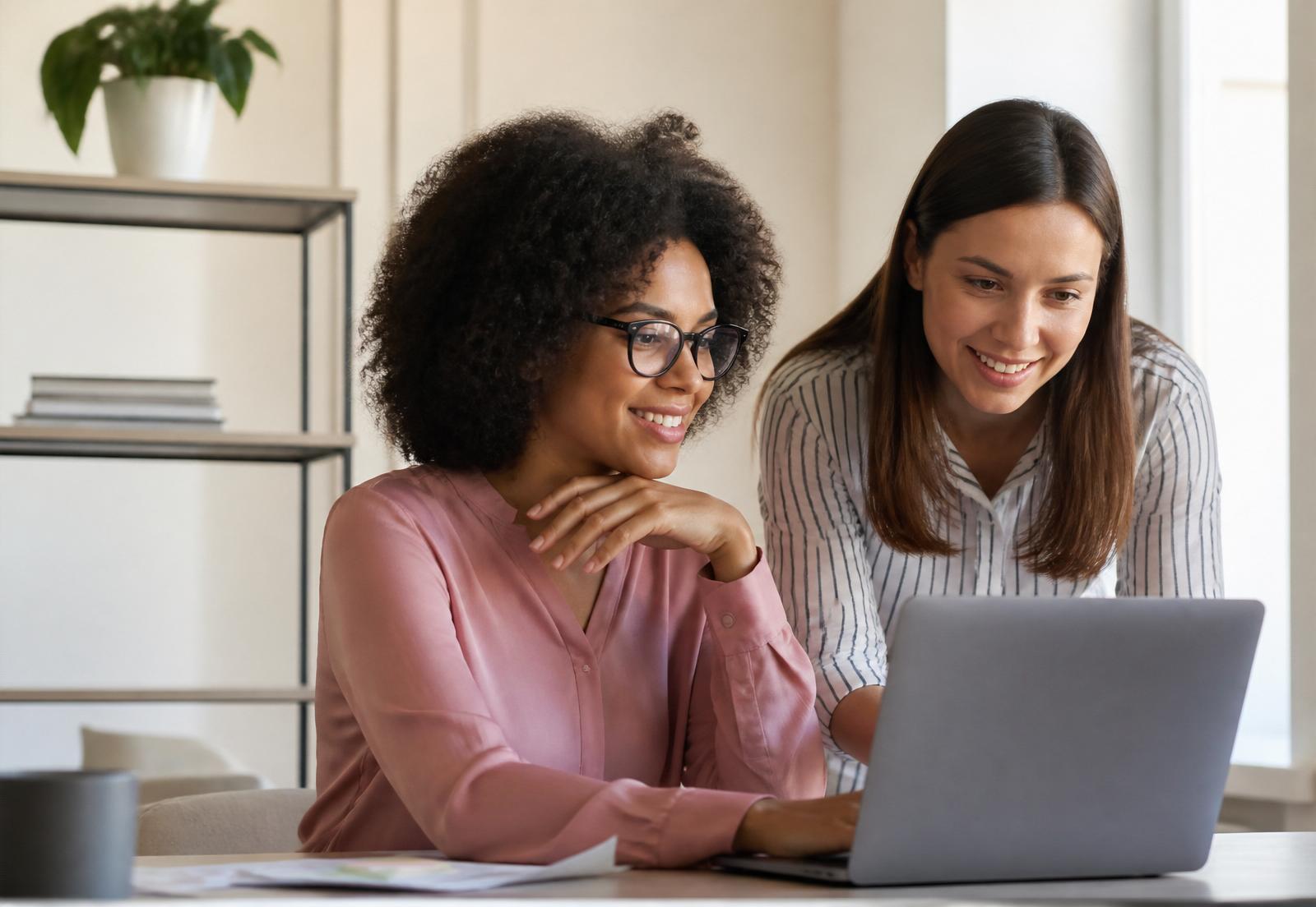 Two Sattva AI team members collaborating on a laptop